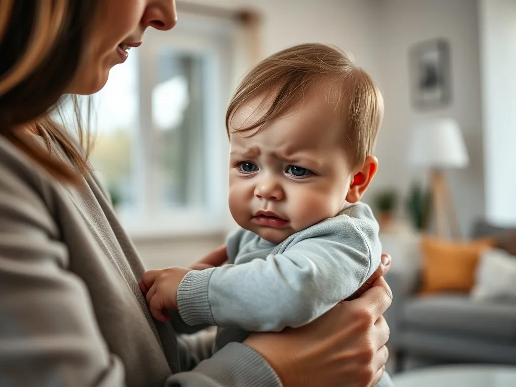 Zatroskany rodzic przytula zapłakane dziecko w spokojnym, domowym wnętrzu, pokazując troskę i potrzebę diagnozy.