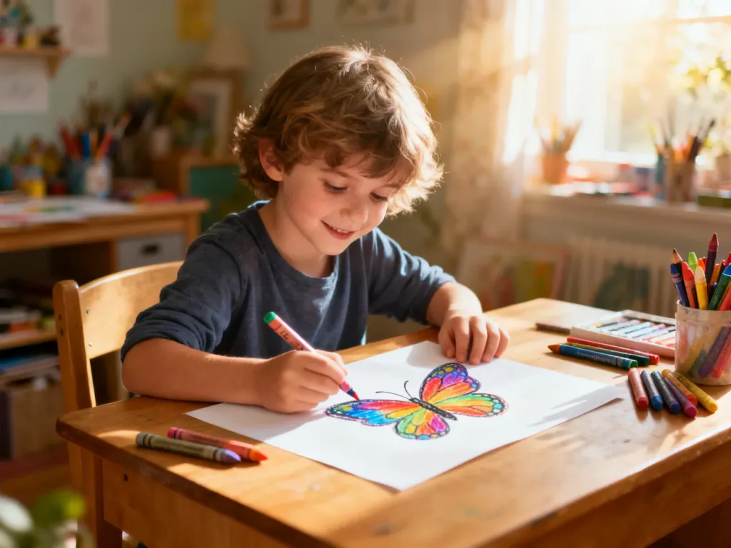 Dziecko rysuje kolorowego motyla kredkami na kartce papieru przy drewnianym biurku w przytulnym pokoju.