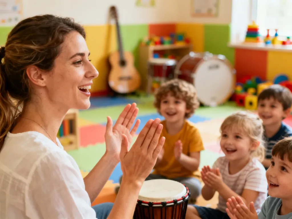 Uśmiechnięta kobieta bawi się z dziećmi w rytmiczne klaskanie w kolorowej sali zabaw pełnej instrumentów.