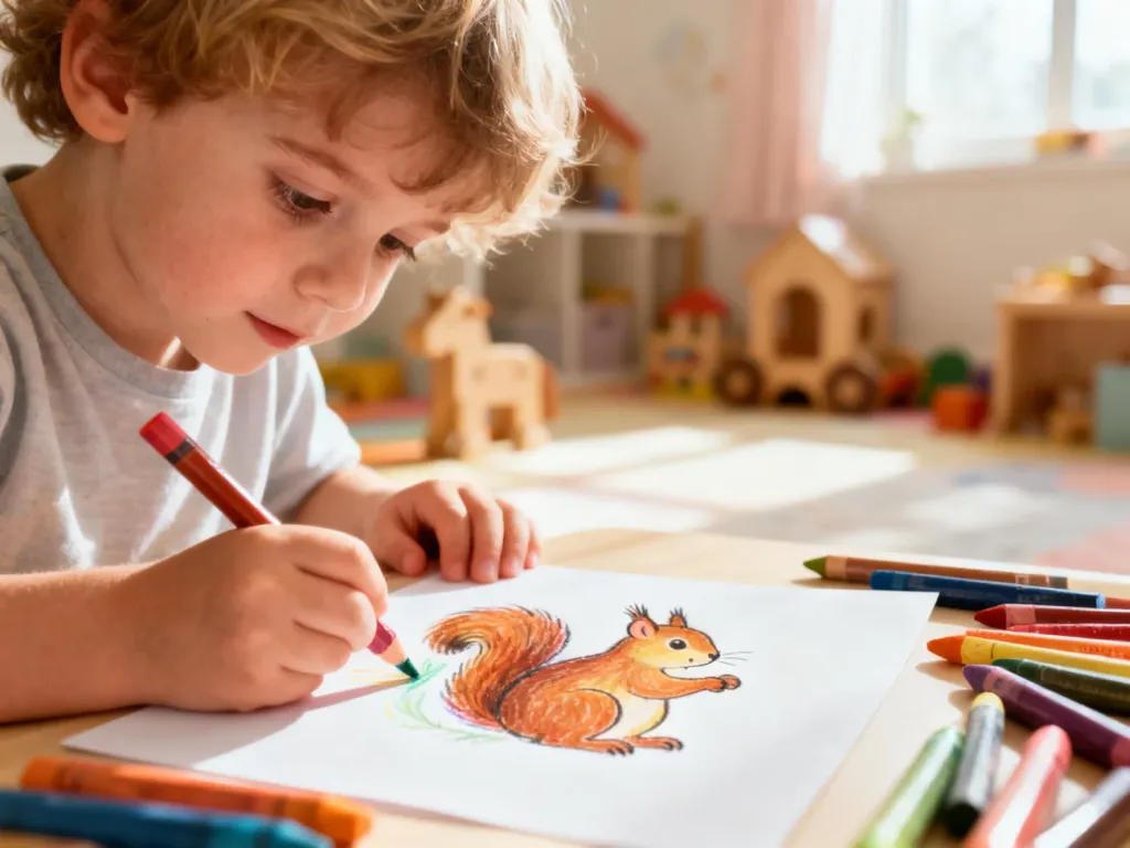 Dziecko z radością rysuje kolorowymi kredkami wiewiórkę na białej kartce w przytulnym pokoju zabaw.