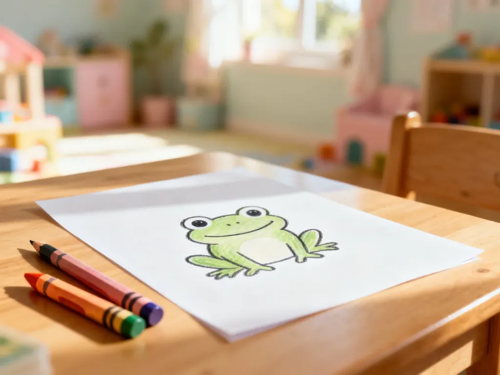 Prosty, ręcznie wykonany rysunek żaby na kartce papieru leżącej na biurku obok kolorowych kredek i ołówka.
