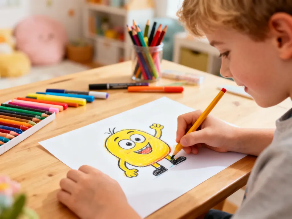 Dziecko z radością rysuje żółtego stworka na kartce papieru przy biurku pełnym kolorowych kredek.
