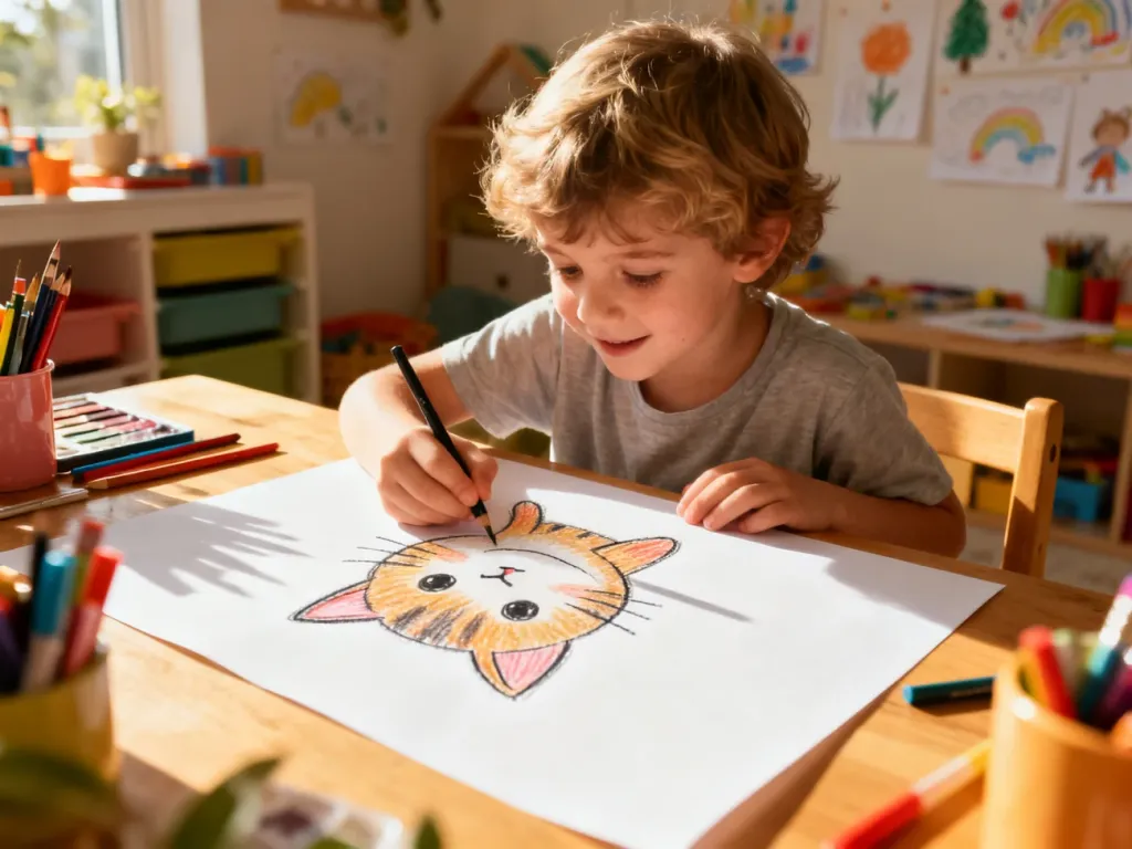 Dziecko z radością rysuje kota na kartce papieru przy drewnianym biurku w słonecznym pokoju zabaw.